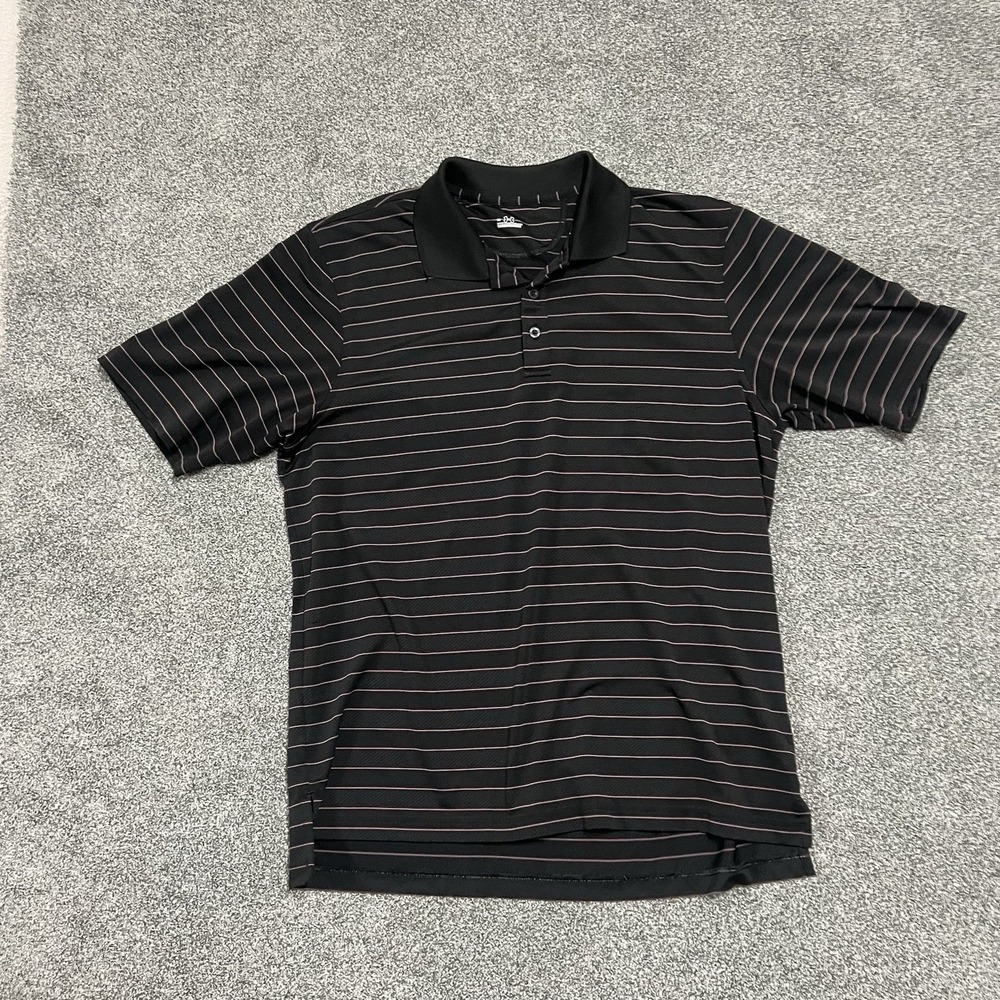 Under Armour Polo Shirt Mens LG Black Pink Striped Golf Performance HeatGear